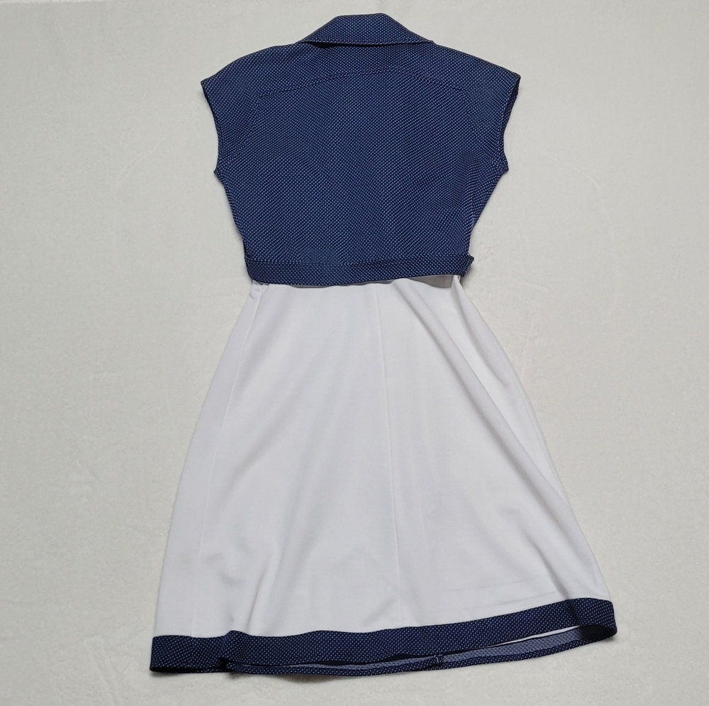 Herman Marcus 60s Vintage Blue White Polka-dot Dagger Collar Midi Wrap Dress 8 - Picture 8 of 12